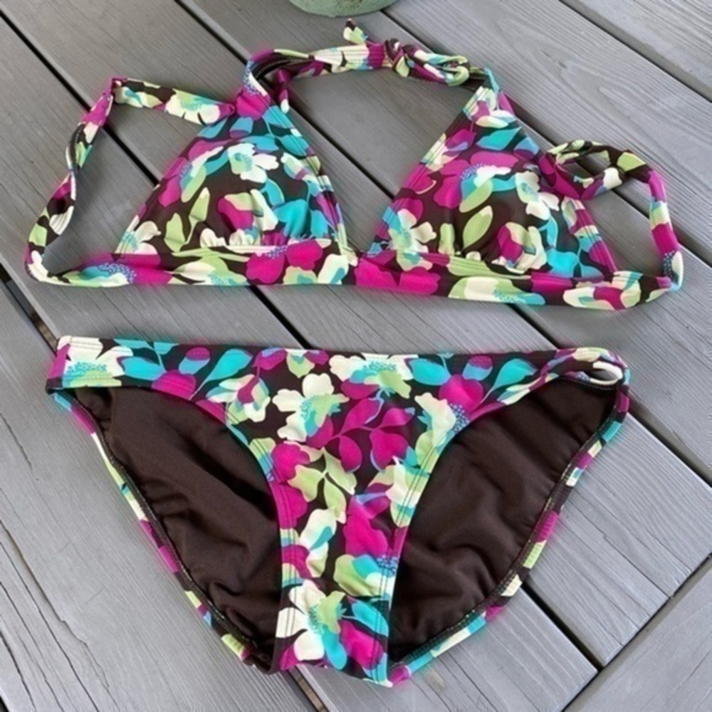 Gap Body Brown Floral Bikini ☀️ size Medium bottoms large adjustable top